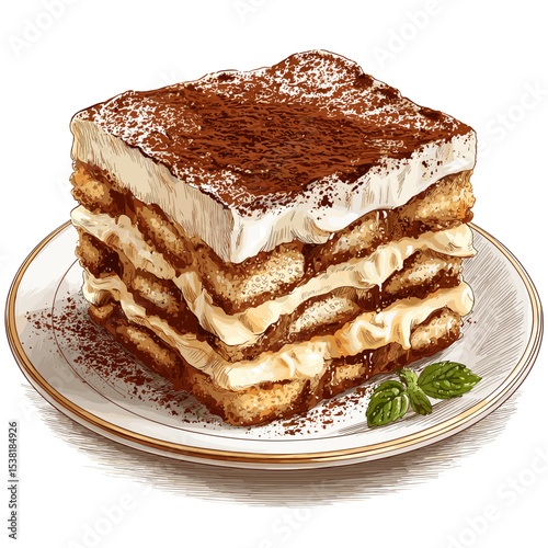 Tiramisu on a plate dessert vector isolated on a white background