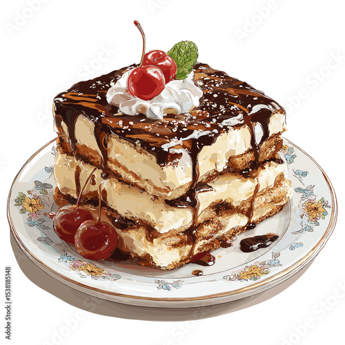 Tiramisu on a plate dessert vector isolated on a white background