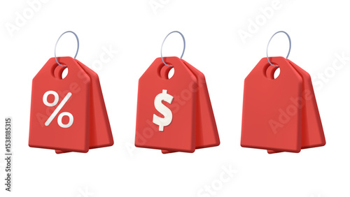 Red 3D label price tag with dollar, percent discount voucher collection. Set of different price tags isolated on white background. Online shopping discount labels, sale promo campaign retail marketing