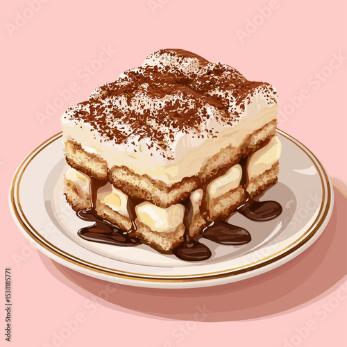 Tiramisu on a plate dessert vector isolated on a white background