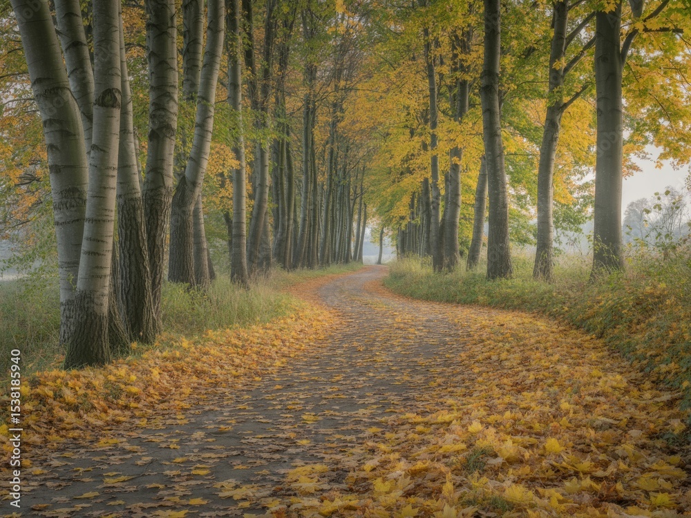 Obraz premium Autumnal road winding through golden trees