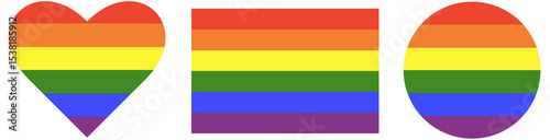 Set of stickers in rainbow colors. LGBT icons set. Gay pride progress logo heart symbols, rainbow flag and circle . Round, heart badge, button.