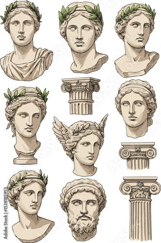 Ancient Greek statue sketch set - hand drawn doodle illustration of antique sculpture heads and columns, wings and leaves. Vintage mythological god, goddess busts drawing. Classical mythology design.