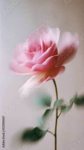 A delicate pink rose in soft focus with green leaves against a neutral background