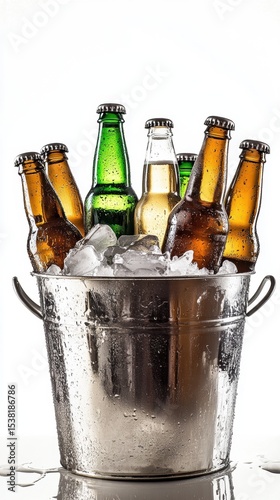 Assorted glass bottles chilling in a metal bucket filled with ice cubes