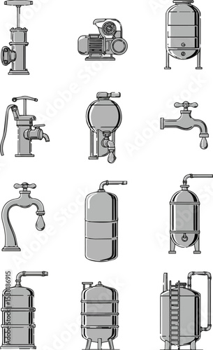 Create a kinds of deferent Collection of black and white water-related icons showcasing various types of pumps, faucets, and tanks vector art with white background.