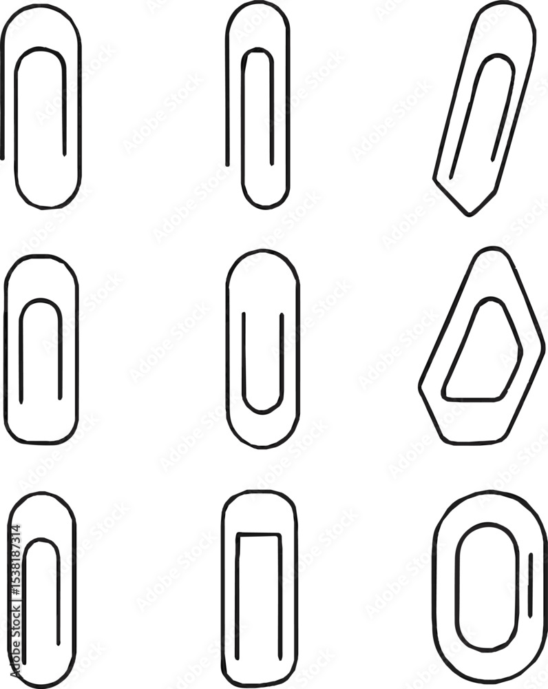 Create a kinds of deferent Collection of simple black line paper clip designs on a white background for creative use and digital applications vector art with white background. Create a kinds of deferent Collection of simple black line paper clip designs on a white background for creative use and digital applications vector art with white background.
