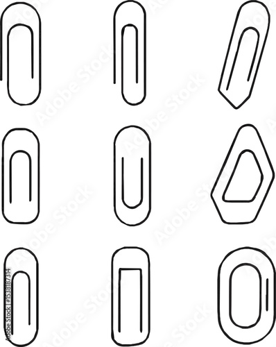 Create a kinds of deferent Collection of simple black line paper clip designs on a white background for creative use and digital applications vector art with white background.