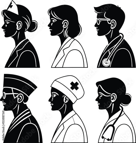 Healthcare Professionals Profile Silhouette: A collection of six profiles representing diverse healthcare professionals, meticulously depicted in a clean, silhouette-style design.