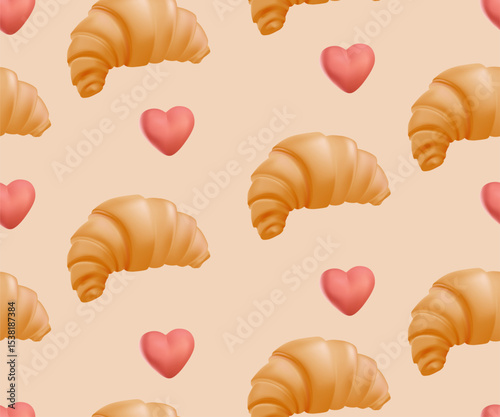 Croissant illustration background. Pastry seamless pattern for bakery, cafe or romantic travel. Croissant, sweet goods with hearts. Bread roll, french culture prints. 3D render style vector