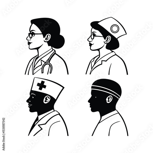 Medical Professionals' Portraits: A set of profile portraits depicting diverse medical professionals in different roles and attire, showcasing dedication and expertise.