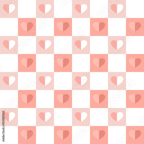 Seamless vector pattern with hearts and squares. Geometric repeating gingham pattern, pastel striped texture.