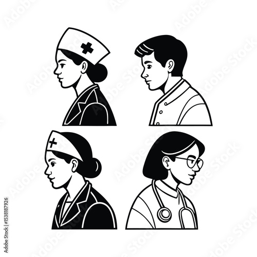 Healthcare Heroes: A monochrome depiction of diverse healthcare professionals, each a symbol of dedication and care, poised with serene determination.