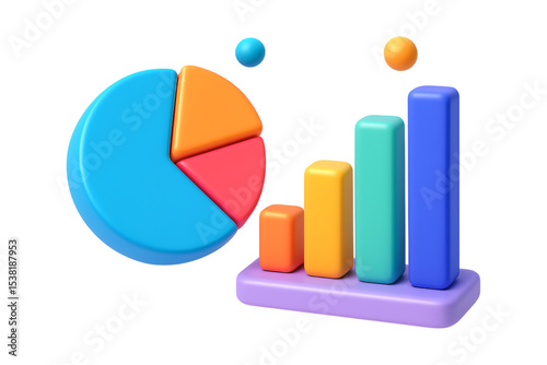 Colorful analytics icons featuring pie chart and bar graph, representing data visualization