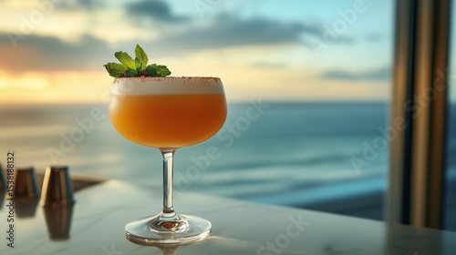 A vibrant orange cocktail served in a stemmed glass with a thick egg foam layer on top, a fresh mint sprig and a dusting of spice along the rim.