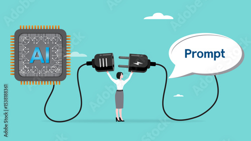 connecting prompts with AI chips to help get the job done, AI in companies to increase efficiency, businesswoman connect speech babble with AI chip idea to money concept vector illustration