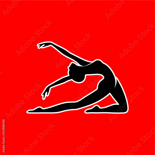Elegant Female Dancer Silhouette in Stretch Pose on Red Background
