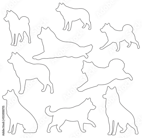 A collection of dog silhouettes in various poses and breeds. Perfect for pet lovers, veterinarians, or dog trainer. animal, canine, domestic, cute, friendly, loyal, companion