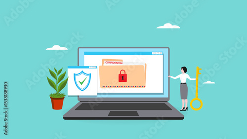 confidential document, security or protection for archiving important files or documents, secret security key for privacy protection, woman locks document folder on laptop with security padlock