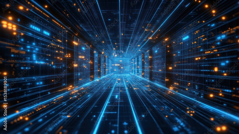 Naklejka premium Digital network tunnel with glowing code.