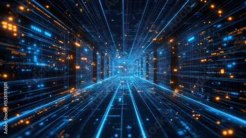 Digital network tunnel with glowing code.