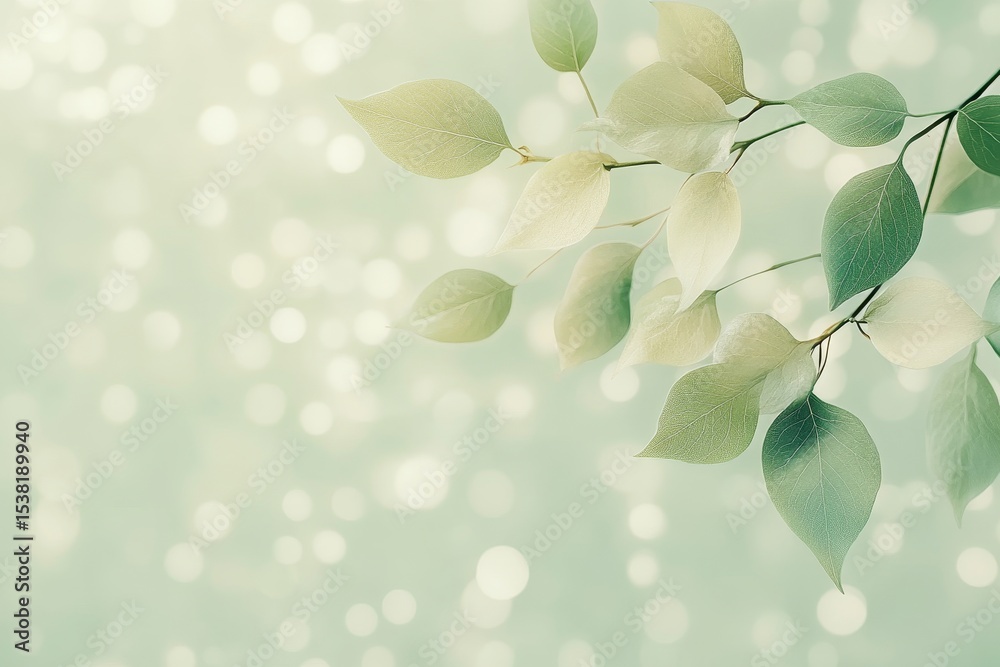 Obraz premium Serene Pastel Green Foliage with Soft Light Bokeh Background for Calming Ambiance and Decor