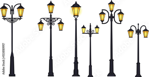 Create a kinds of deferent The city's streets are illuminated by a range of lighting fixtures, including isolated streetlights, retro lampposts, vintage lanterns, and lamp posts, some of which feature