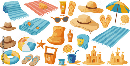 Create a kinds of deferent  Summer beach fun essentials, element set on transparent vector art with white background.