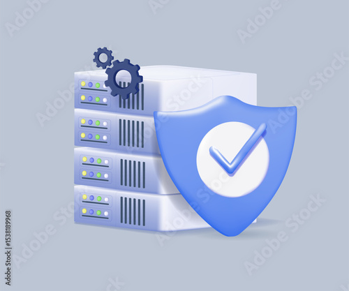 Internet security 3D render vector illustration. Data base server with the shield. Data Center and data protection. 3D concept of Cybersecurity technology, vector illustration.