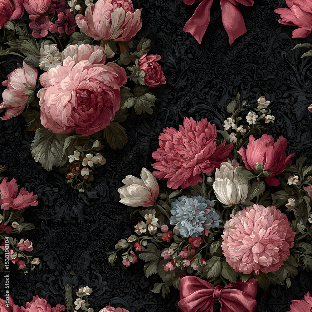 Beautiful vector coquette seamless pattern with damask print bows and classical vintage bouquet. Floral elegance print design for fabric, wallpaper or wrapping paper.