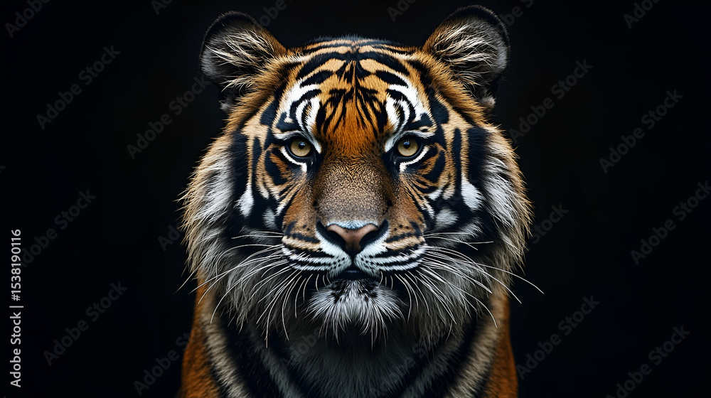 Fototapeta premium Close-up portrait of a tiger against a black backdrop.