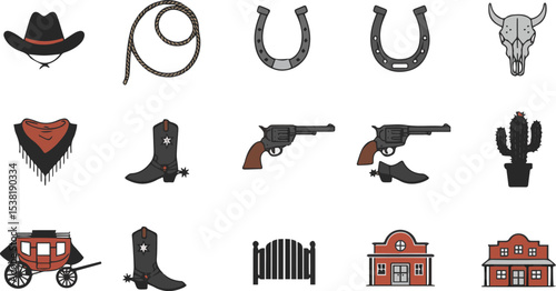 Create a kinds of deferent Western themed icons representing cowboy culture and activities related to the Wild West lifestyle in a minimalist design style vector art with white background.