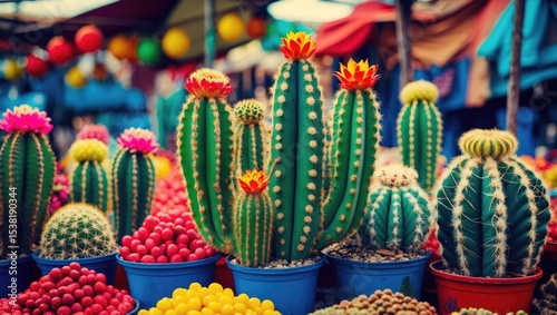 Colorful cactus at market with empty copy space for text photo