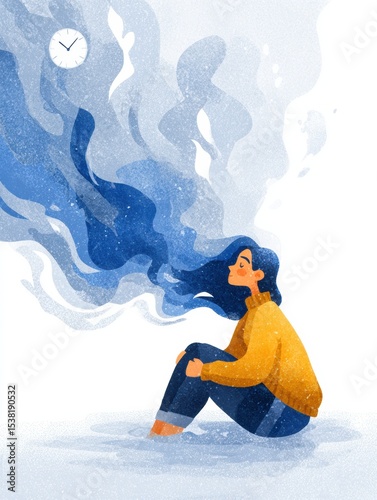 Visual Reminders for Emotional Self-Care Featuring a Woman in a Calm Setting With Flowing Hair and a Clock Above Her
