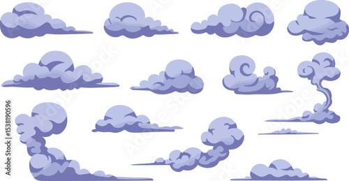 Create a kinds of Collection of cartoon smoke and cloud shapes in different forms and curls, flat graphic style, on dark blue background. vector art with white background.