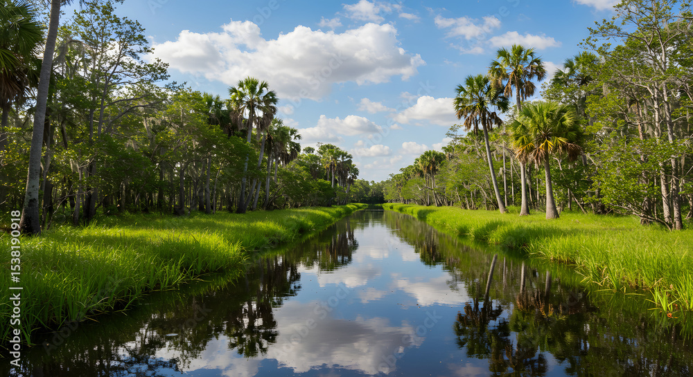 Fototapeta premium Tropical Wetland River Scene with Palm Trees Bright Blue Sky and Reflection