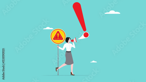 danger warning message, emergency attention, important message on loud speaker, danger alert message as a warning sign, business woman shouting on megaphone with exclamation point