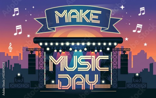 Make Music Day Text with Stage Lights Flags and Music Symbols on Twilight Gradient Background