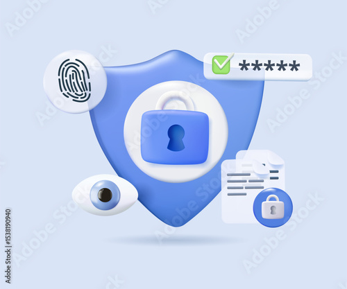 Cybersecurity and data protection concept 3D illustration. Shield and digital lock surrounded by streams of binary code