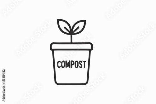 Simple Line Art Illustration of a Compost Bin with a Sprout Representing Sustainable Gardening and Eco Friendly Waste Management Practices on a White Background
