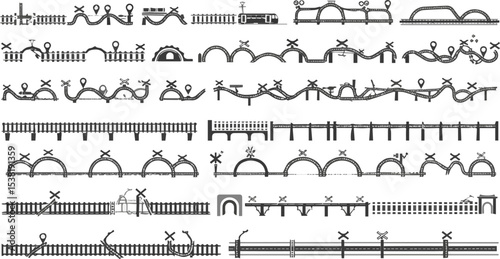 Create a kinds of deferent Train track railway. Rail line road subway map set icon vector art with white background.