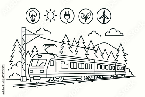 Sustainable Transportation Illustration Electric Train Through Forest with Renewable Energy Icons Representing Eco Friendly Travel and Environmental Consciousness for a Greener Future line art