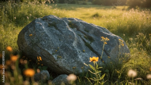 A large stone lies on a glade during summer.