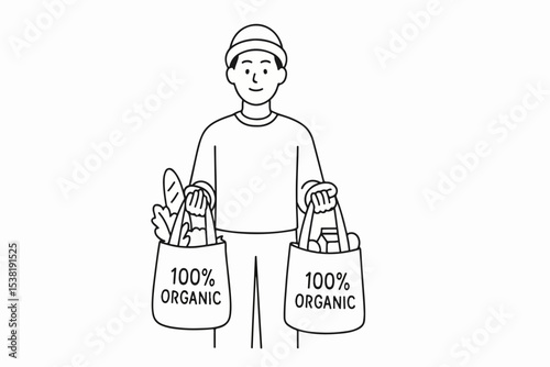 Line art illustration of a person holding two shopping bags that say 100 percent organic containing groceries and produce promoting healthy eating and sustainable lifestyle