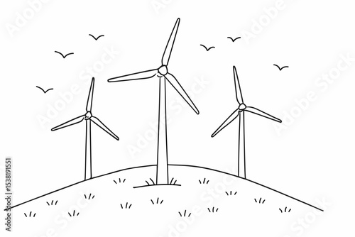 Minimalist Wind Turbine Illustration Three Windmills on a Hill with Birds Flying Overhead Representing Clean Energy and Sustainable Power Generation in a Simple Black and