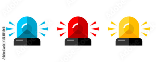 Set blue red and yellow alarm siren emergency fighing light icon flat vector design