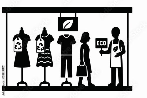 Eco Fashion Boutique Illustration Displaying Sustainable Clothing Recycling Symbols and a Leaf Logo with a Customer and Salesperson Promoting Environmentally Friendly Products and Practices