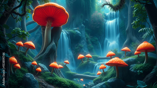 magical mushroom forest with waterfall fantasy dream video animation background Seamless looping time-lapse 4k quality