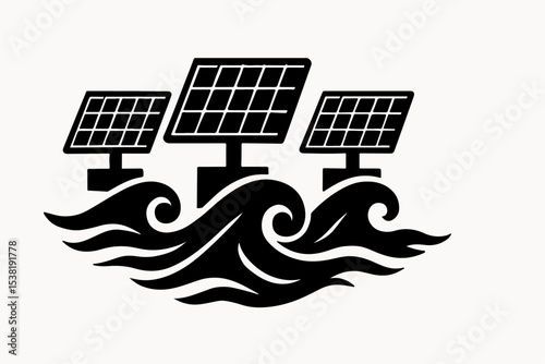 Three Solar Panels Mounted on Stylized Ocean Waves in Black and White Representing Sustainable Energy and Renewable Resources for a Clean Environment and Future Technology