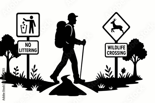 Silhouette Illustration of a Hiker Passing Signs for No Littering and Wildlife Crossing with Trees and Foliage in a Black and White Scene This